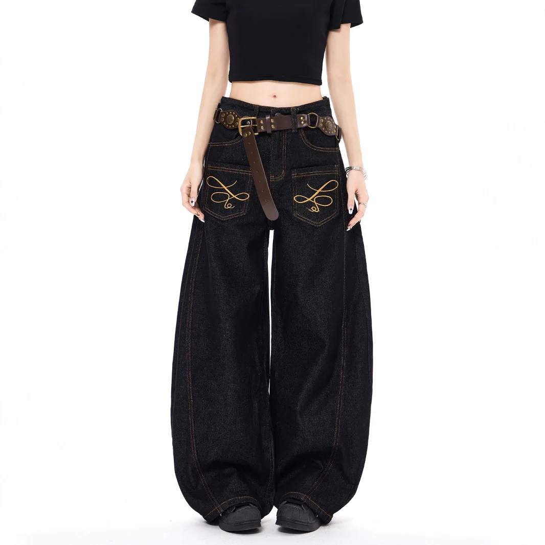 

Women's Jeans 2026 Spring Autumn New Plus Size Jeans Vintage E-girl Pocket Embroidered High Waist Loose Slim Wide Leg Pants