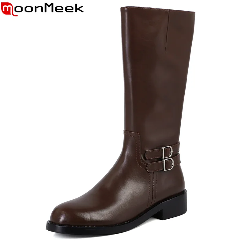 

MoonMeek 2023 Size 32-42 New Top Sale Ladies Zipper Modern Boots Genuine Leather Knee High Boots Square Med Heels Autumn Boots