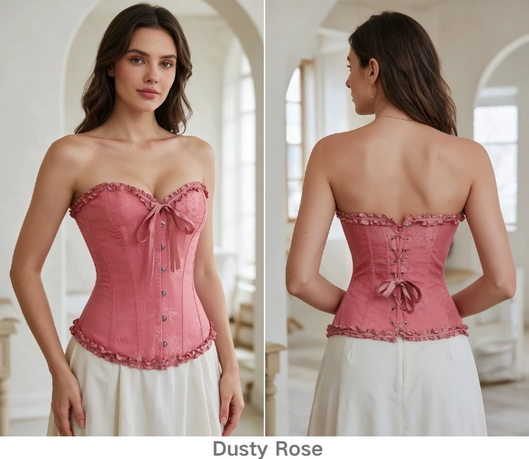Damen Vintage Jacquard Korsett-Top, trägerlos, mit Rüschen vorne, Busk-Rücken, Schnürung, 20 Farben, für Feiertage, Partys und Abendgarderobe – Detail 26