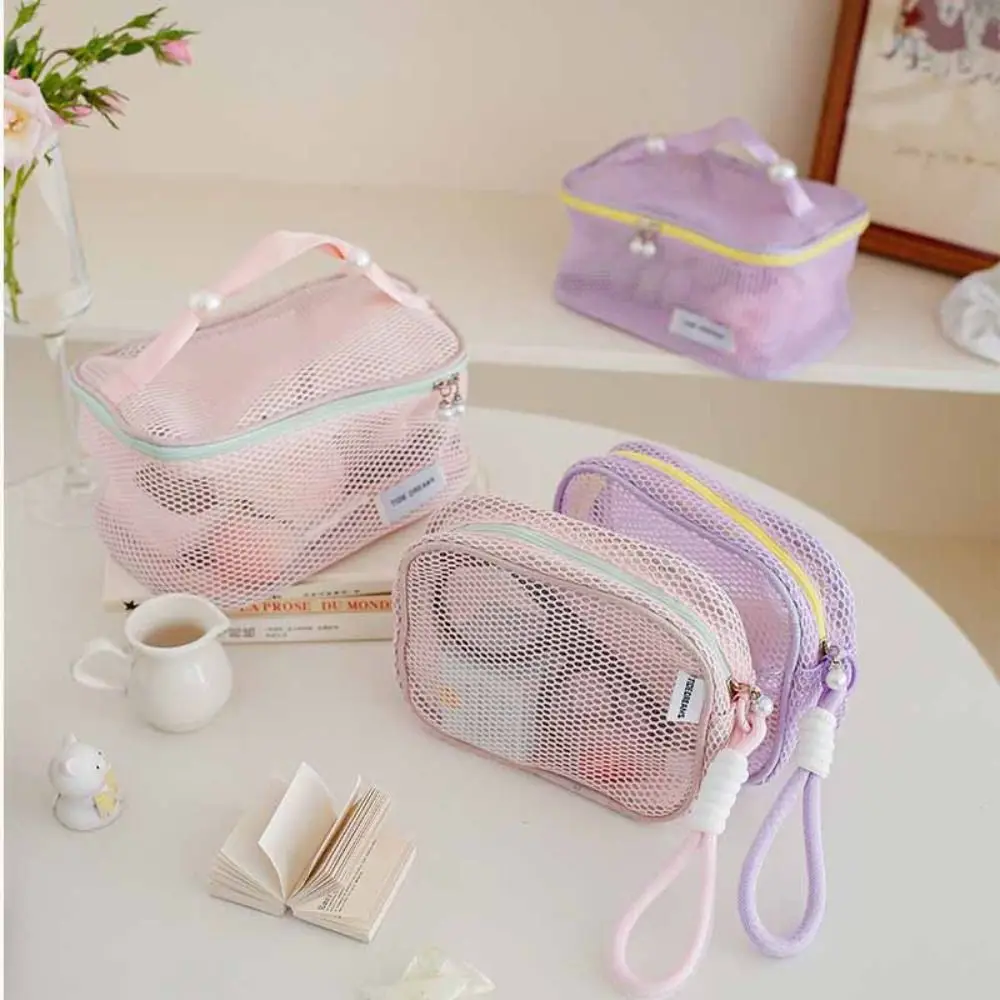 

Solid Color Mesh Cosmetic Bag Zipper Storage Bag Transparent Makeup Bag Organizer Case Large Capacity Pillow Makeup Pouch Lady
