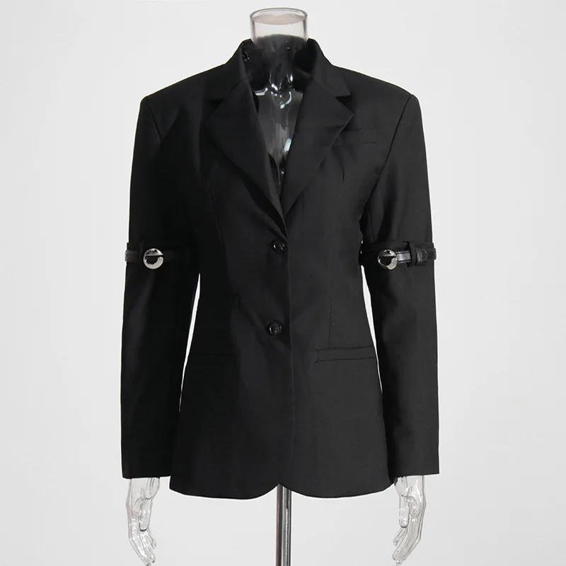 Hksh outono novo design feminino sentido blazer personalidade retalhos cinto decoração fino ajuste elegante moda alta rua casaco hk9048