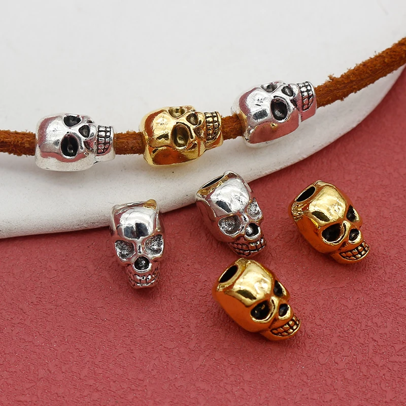 10pcs/Lot Hip-pop/Punk Big Hole Silver/Gold Color Skull Beads 12x8mm Dreadlocks/Bracelets Skeleton Charm Spacers DIY Jewelry