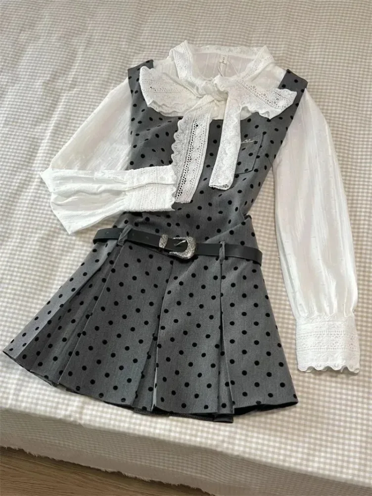 新しい甘いウェーブポイントシャーリングベストドレス女性のための + 弓レースアップ長袖 2025 秋シャツ女性ツーピースセット