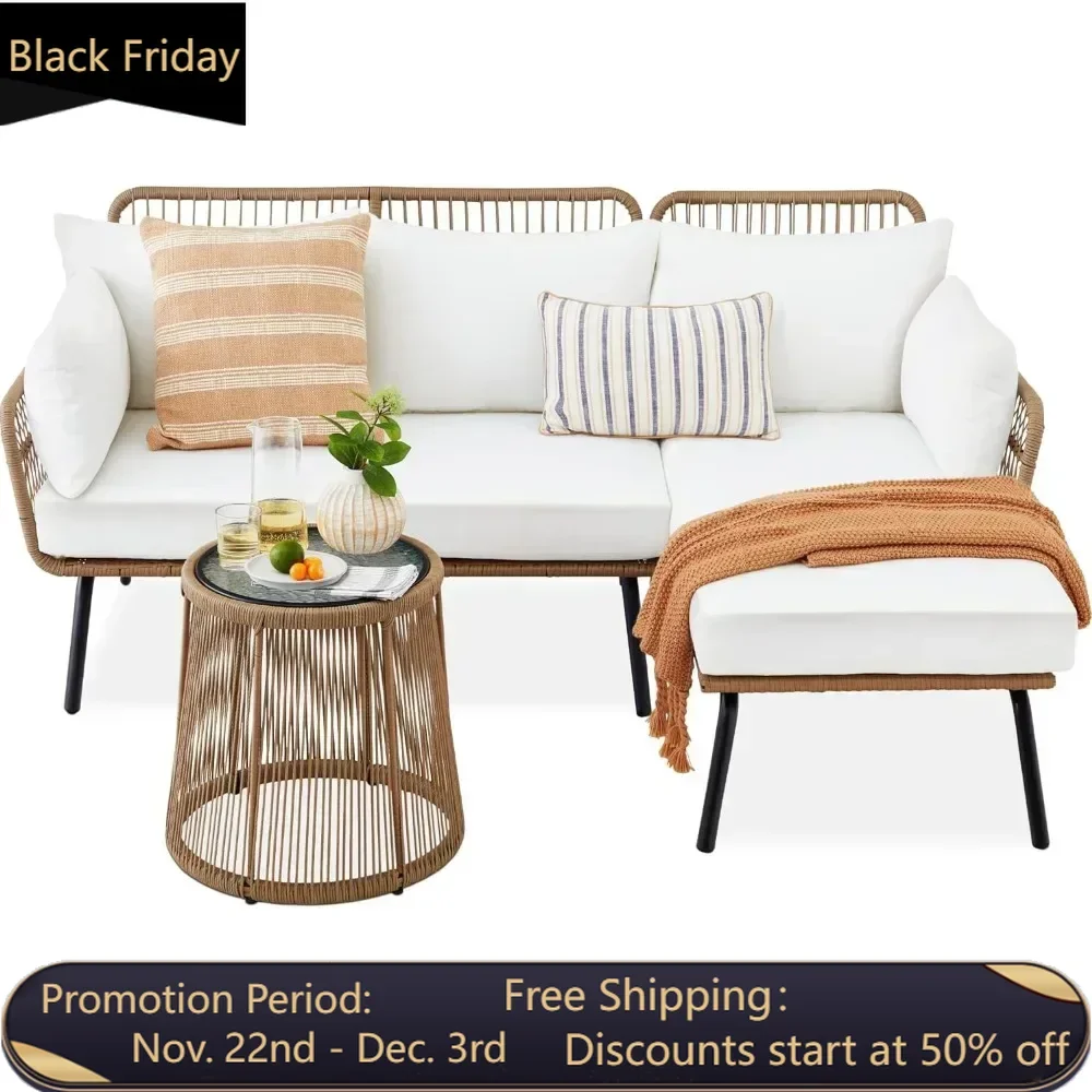 Outdoor Rope Woven Sectional Patio Furniture L-Shaped Conversation Sofa Set,w/Thick Cushions, Detachable Lounger, Side Table