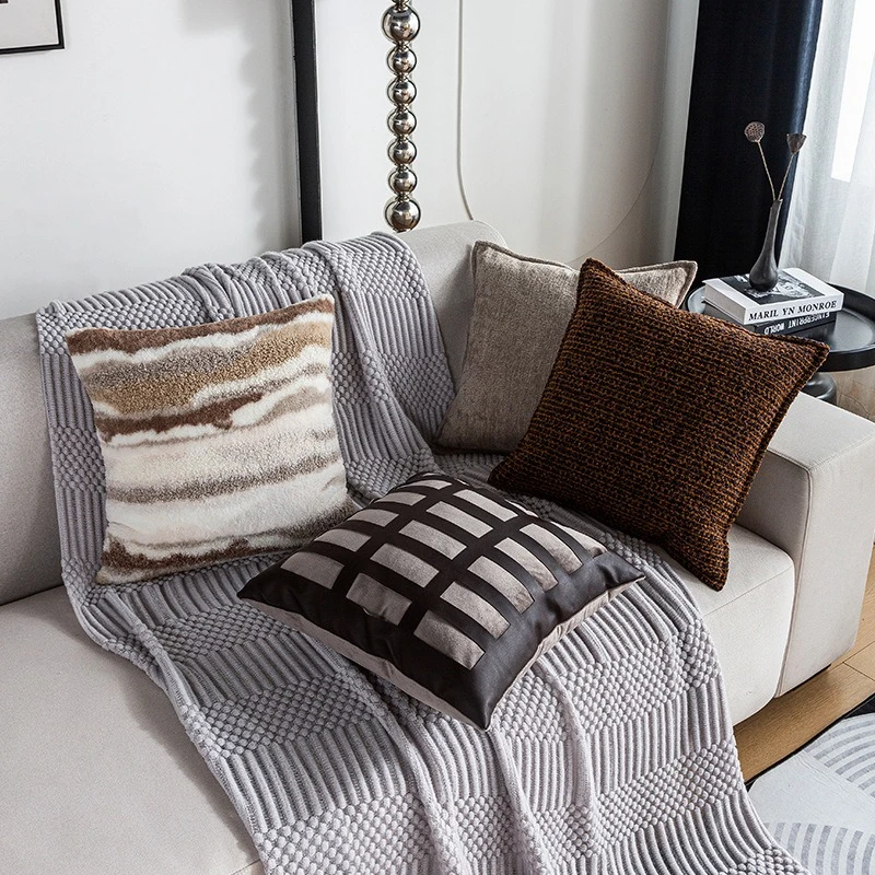 Modern High-end Gray Brown Cushion Cover Geometric Hollow Jacquard Pillow Covers Decorative Fashionable Home Decor Pillow Case