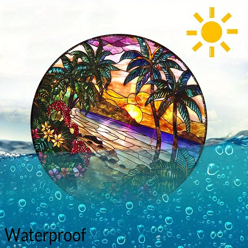 2D Flaches Buntglas-Schild mit Tropischem Strand-Sonnenuntergang, Rundes Metall-Blechschild, Wasserfeste Palmen-Wanddekoration, Farbenfrohes Buntglas