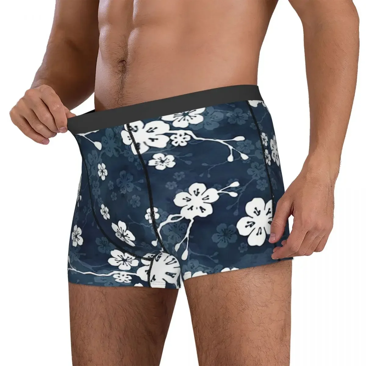 Boxer Underpants Shorts Navy And White Cherry Blossom Pattern Panties Male Soft Underwear for Homme Man Boyfriend Gift