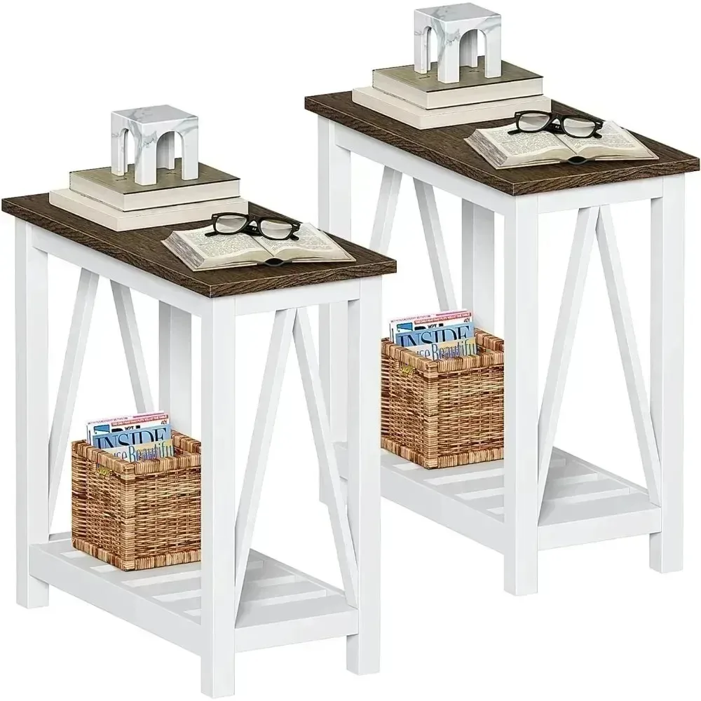 

Набор из 2 торцевых столиков для фермерского дома, винтажный узкий приставной столик в деревенском стиле с полкой для хранения вещей для небольших помещений, тумбочка, диван, столик f