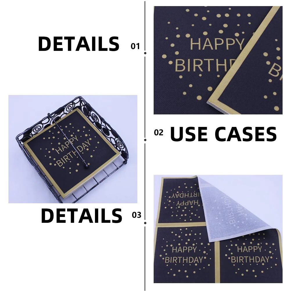 

Birthday Party Napkins Virgin Wood Pulp Thickened Soft Pattern Napkins for Party Black Dining Table Uniform Texture Less