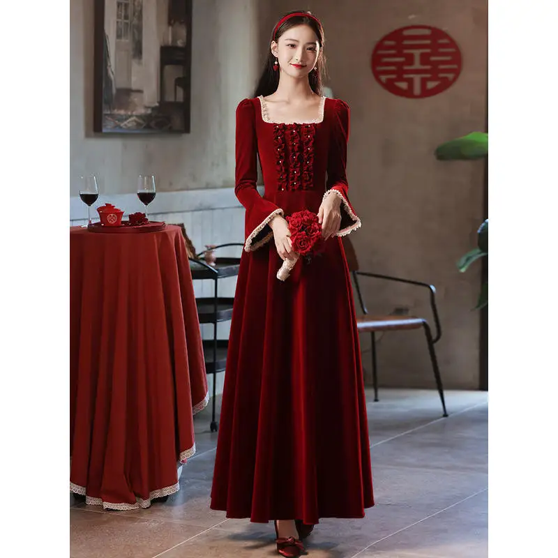 Women Medieval Palace Court Princess French Retro Vintage Square Collar Waist Lady Wine Red Golden Velvet Autumn Female Dress