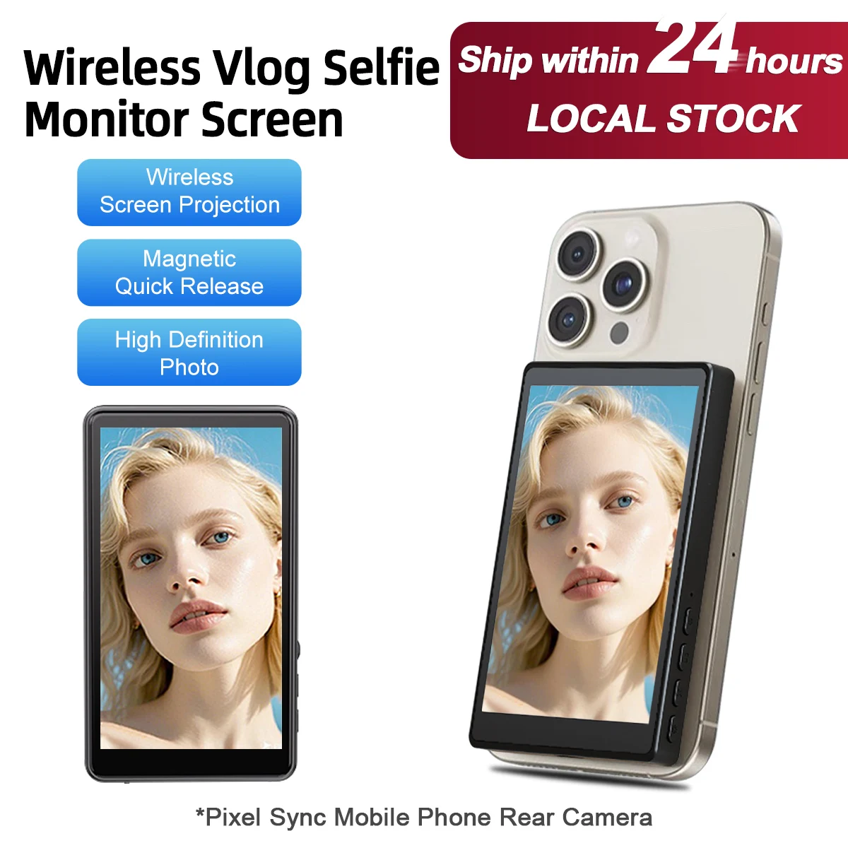 スマートフォン用ワイヤレスvlog自撮りモニター画面、マグネット式スマホvlog自撮りスクリーン、ライブストリーミング用スマホ本体カメラ使用