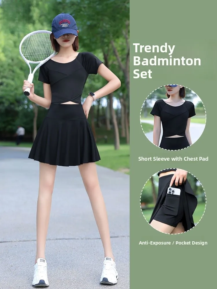 

Женский спортивный костюм для фитнеса и бега: быстросохнущая юбка, теннисная форма, комплект из двух предметов с круглым вырезом, летняя новинка