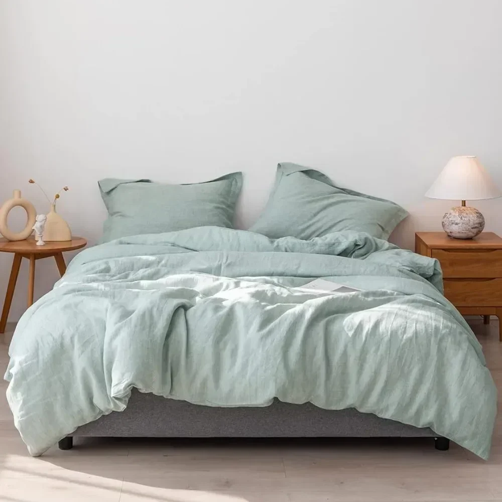 King size bed, style stone wash piece 1 duvet cover 2 pillows soft breathable mint green, 100% linen duvet cover set