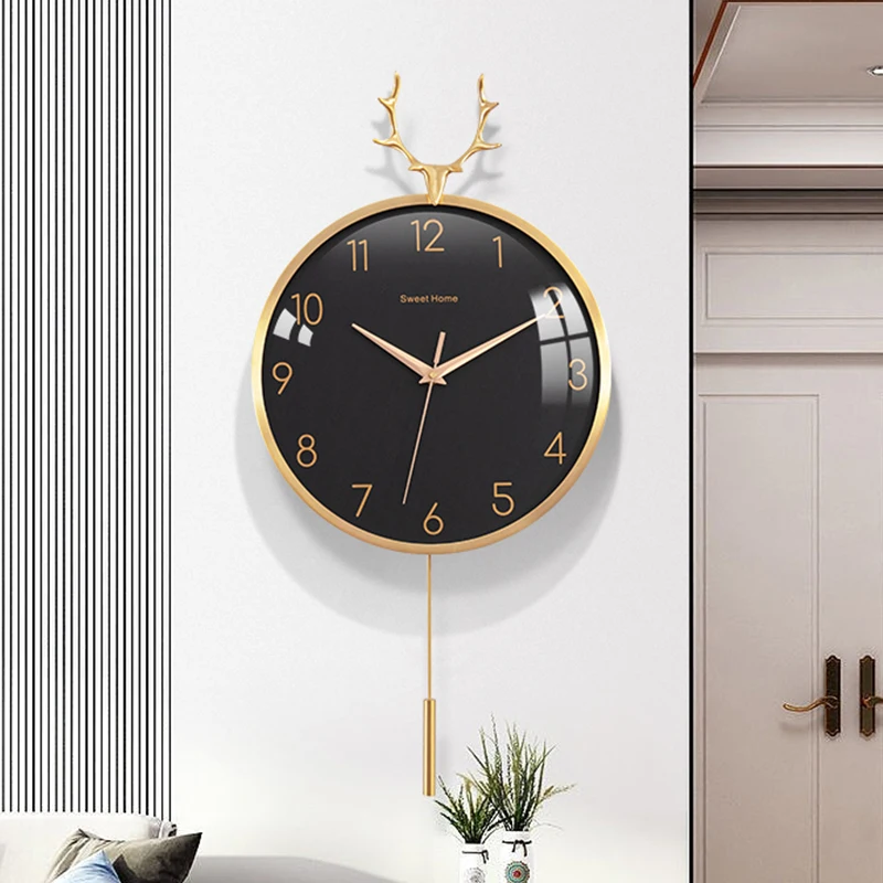 Brass Wall Clock Aesthetic Copper Deer Living Dining Room Restaurant Home Wall Decorations Bedroom Clocks Watch With Pendulum