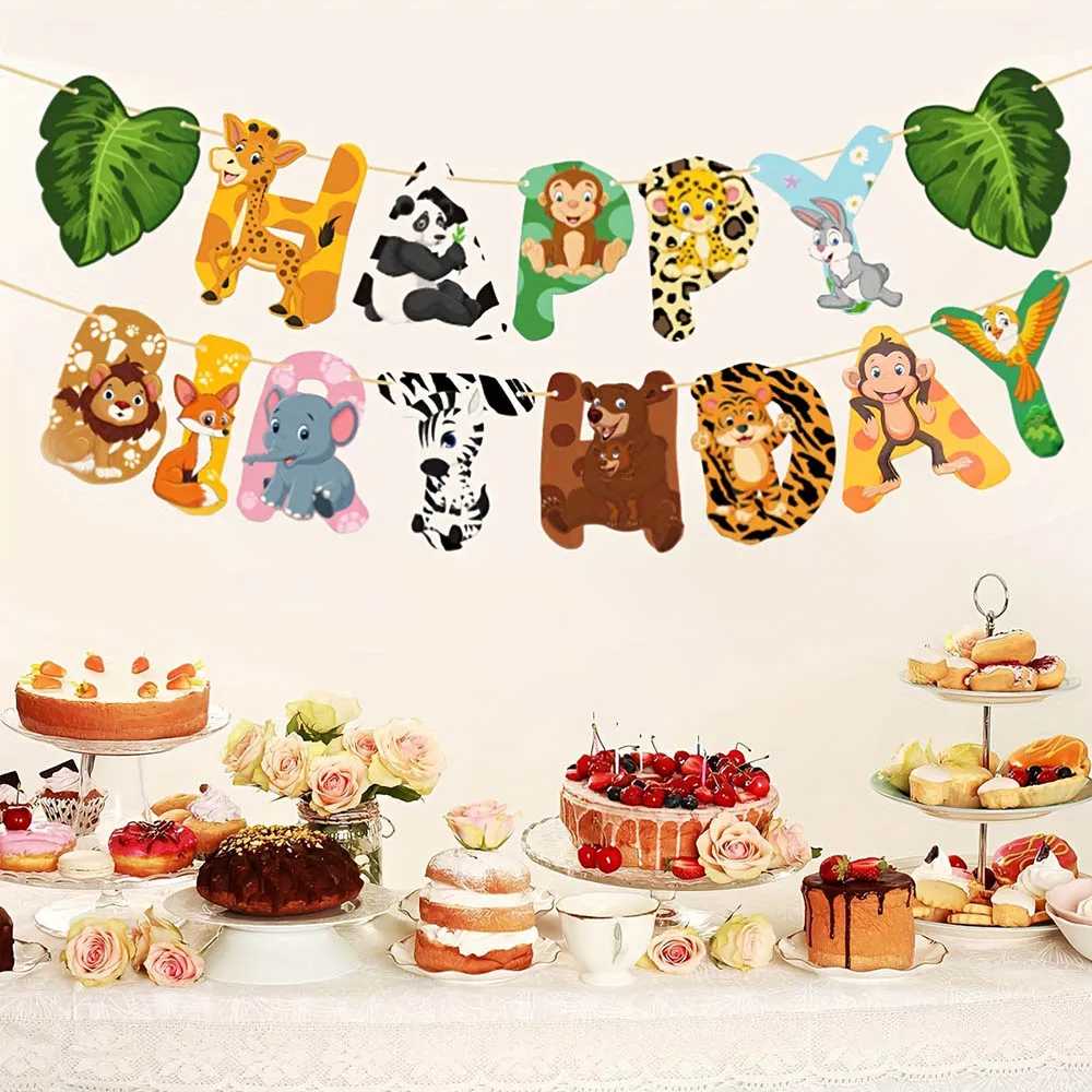 Guirnalda de Animales de la Selva para Cumpleaños, Decoración de Cumpleaños Infantil con Temática de Animales de la Selva, León, Mono, Plantas Tropicales