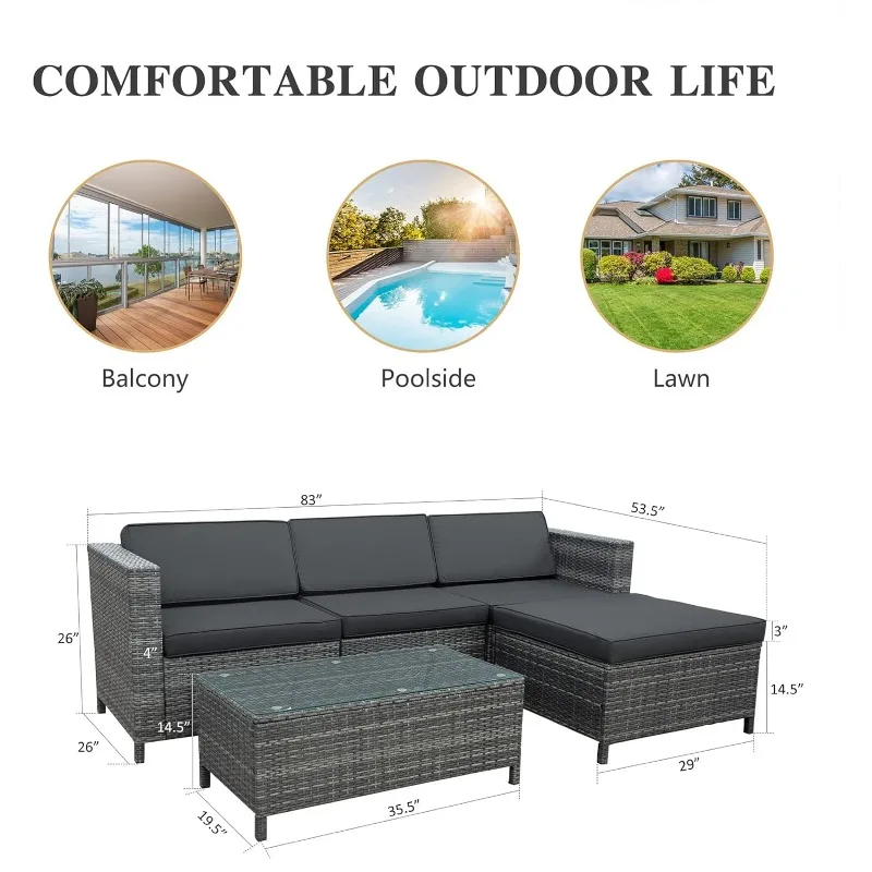 5 Piece Outdoor Patio Sectional Furniture Set, Weather Resistant Rattan Outside Couch, Waterproof Conversation Sofa