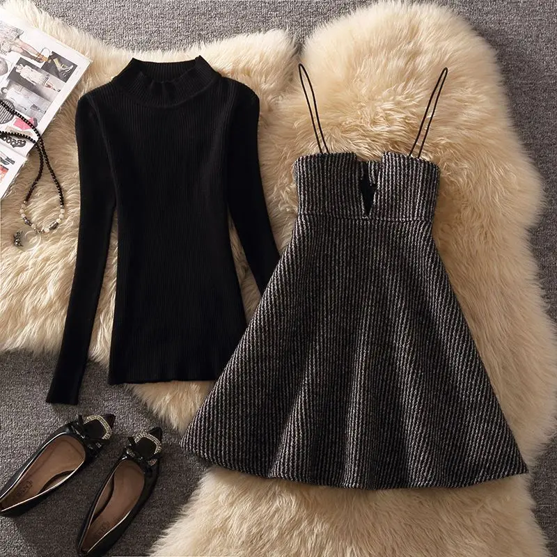 Autumn Suspender Dress 2024 New Style High-end Slim Fit Sweater Suspender Dress Two-piece Set for Women