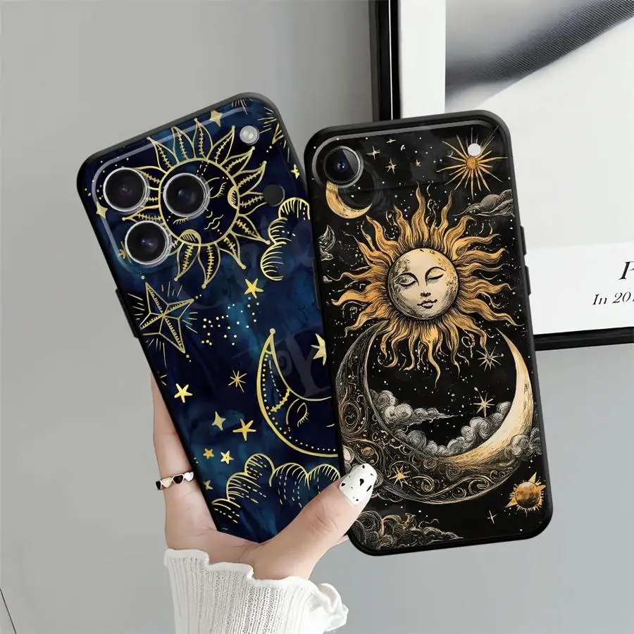 Hülle für iPhone 7 8 15 16 14 Plus XR 13 12 11 17 Pro Max 17Air XS Max Schwarz Weiche Handyhülle Stern Mondmuster