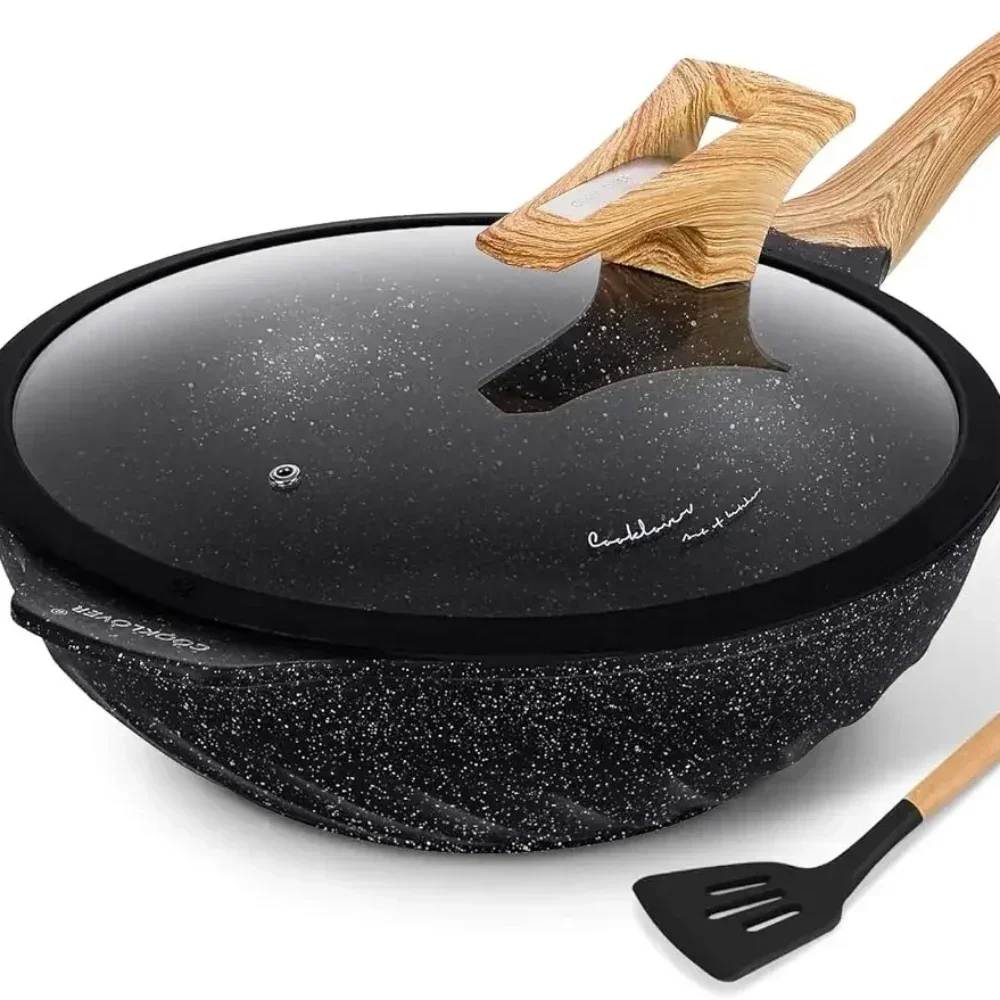 

Nonstick Woks And Stir Fry Pans Die-cast Aluminum Scratch Resistant100% PFOA Free Induction Wok pan with Lid 12.6 Inch