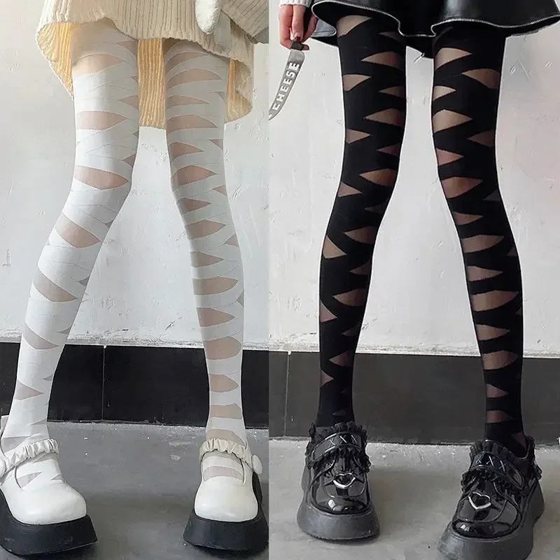 Medias góticas de terciopelo suave con diseño de vendaje para mujer, medias sexys con tiras cruzadas, medias inferiores, disfraces Punk JK, medias bonitas para chica