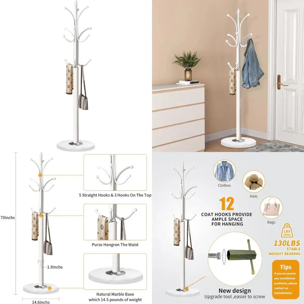 

Напольная вешалка для одежды с мраморным основанием и 12 крючками для прихожей и коридора