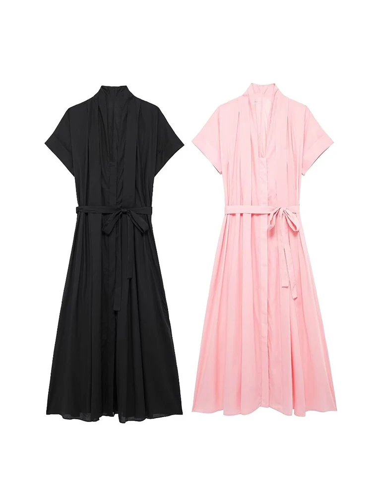 Kar＆Otza-2024 Ladies New European and American Style Lace-up Cotton Shirt Dress Summer Fashion Commuter Midi Dress