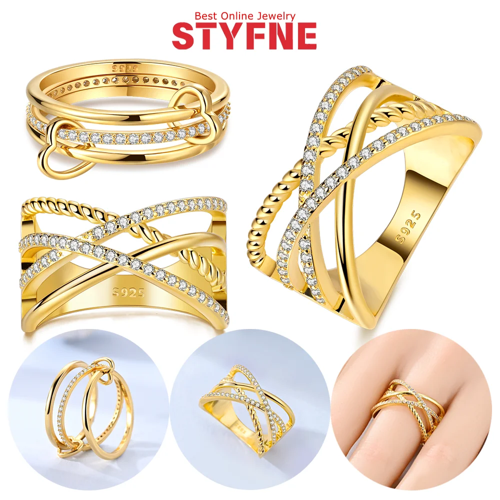 

925 Sterling Silver Zircon Ring Gold Geometric Line Ring Three Rings Love Buckle Closed Ring Fashion Women Jewelry Birthday Gift