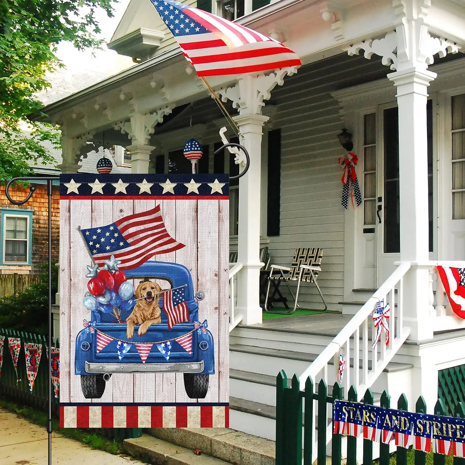 Louise Maelys 4th of July Garden Flag 12x18 Double Sided, Small Burlap Truck Golden Retriever Dog Welcome Patriotic Garden Yard