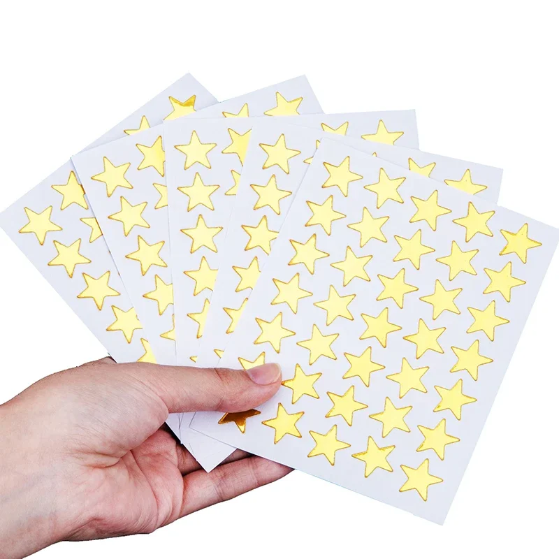 Gold Star Stamping Five Pointed Star Sticker, Etiqueta de recompensa infantil, Etiqueta de louvor do professor, 10 folhas por saco