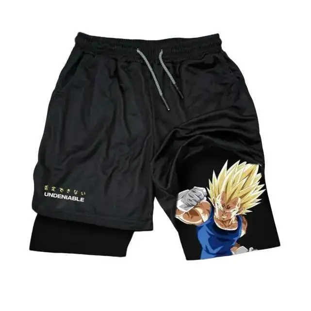 

Черные спортивные шорты в стиле аниме с нижним текстовым принтом, внутренний черный слой, синий светящийся дизайн персонажа, эластичный японский текст