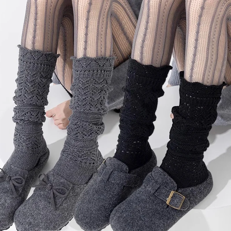 

Японские милые вязаные носки, ажурные однотонные носки, чулки для женщин и девочек, зимние теплые универсальные модные чулочно-носочные изделия в стиле Лолиты