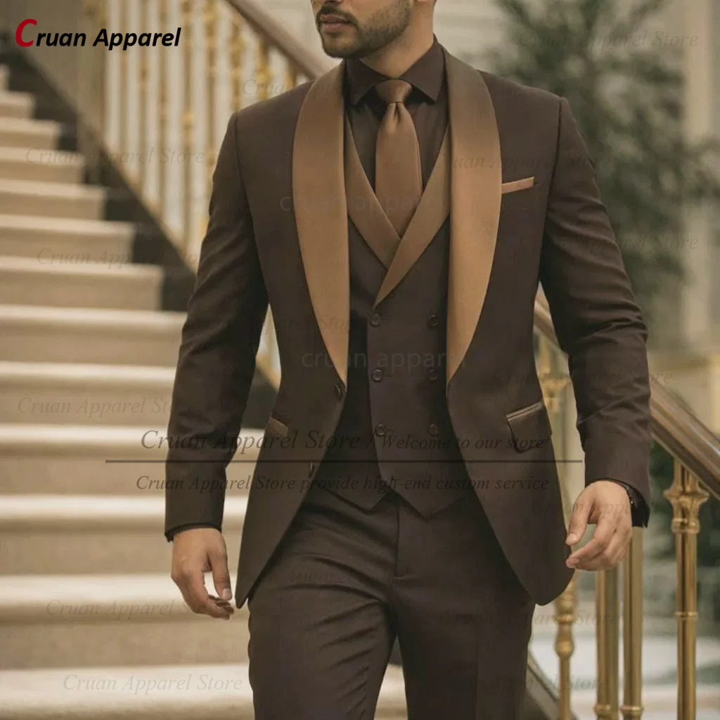 Fashion Brown Men Suits Set Shawl Lapel Jacket Vest Pants 3 Pieces Elegant Business Office Suit Wedding Prom Dinner Tuxedos