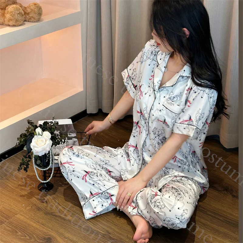 Short Sleeve Pajamas Set Satin Print Nightwear Womne\'s Summer New Home Clothes Luxury Loungewear Top&pants Trousers Suit