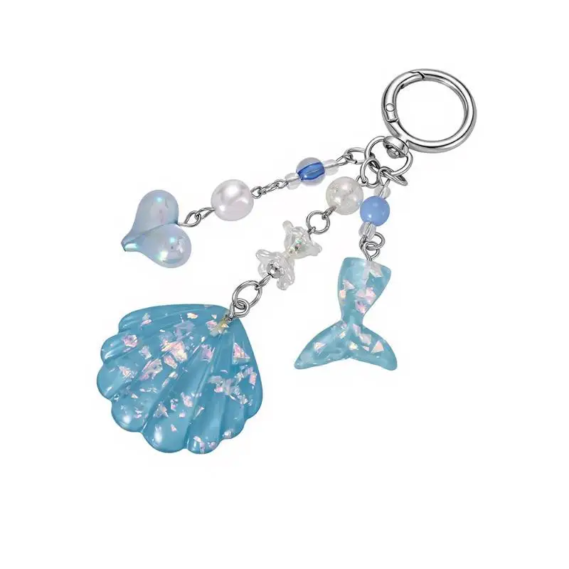 Niedlicher Meerjungfrauenflossen-Muschel-Schlüsselanhänger mit Glitzer-Pailletten und Perlenanhänger, zierlicher Rucksack- und Handtaschenanhänger für Damen zur täglichen Dekoration. – Detail 6