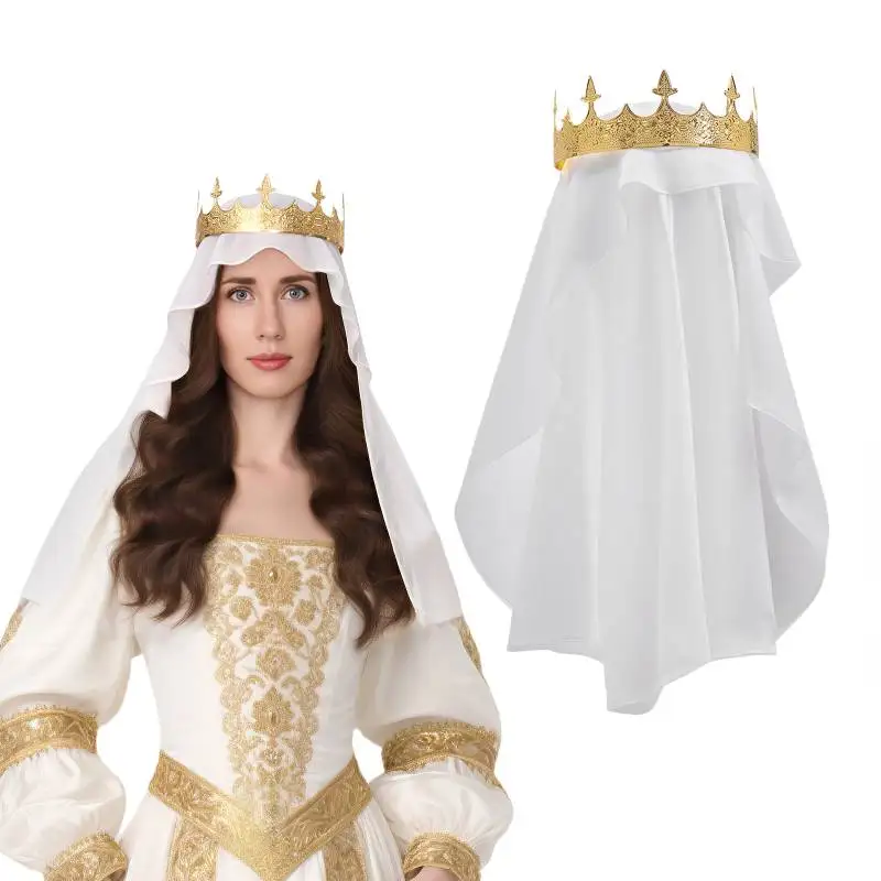 

DAZCOS 2pc Luxury Queen Crown Veil and Crown Matching Medieval Veil Crown Set for Renaissance Noble Cosplay Women Brides Wedding