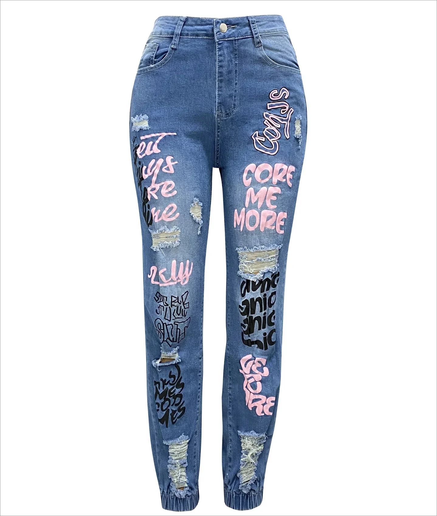 Letter Print Elastic Leg Pencil Jeans Women Ankle Length Ripped Holes Denim Pants Pockets Washing Slim Zipper Spring Flat Jeans