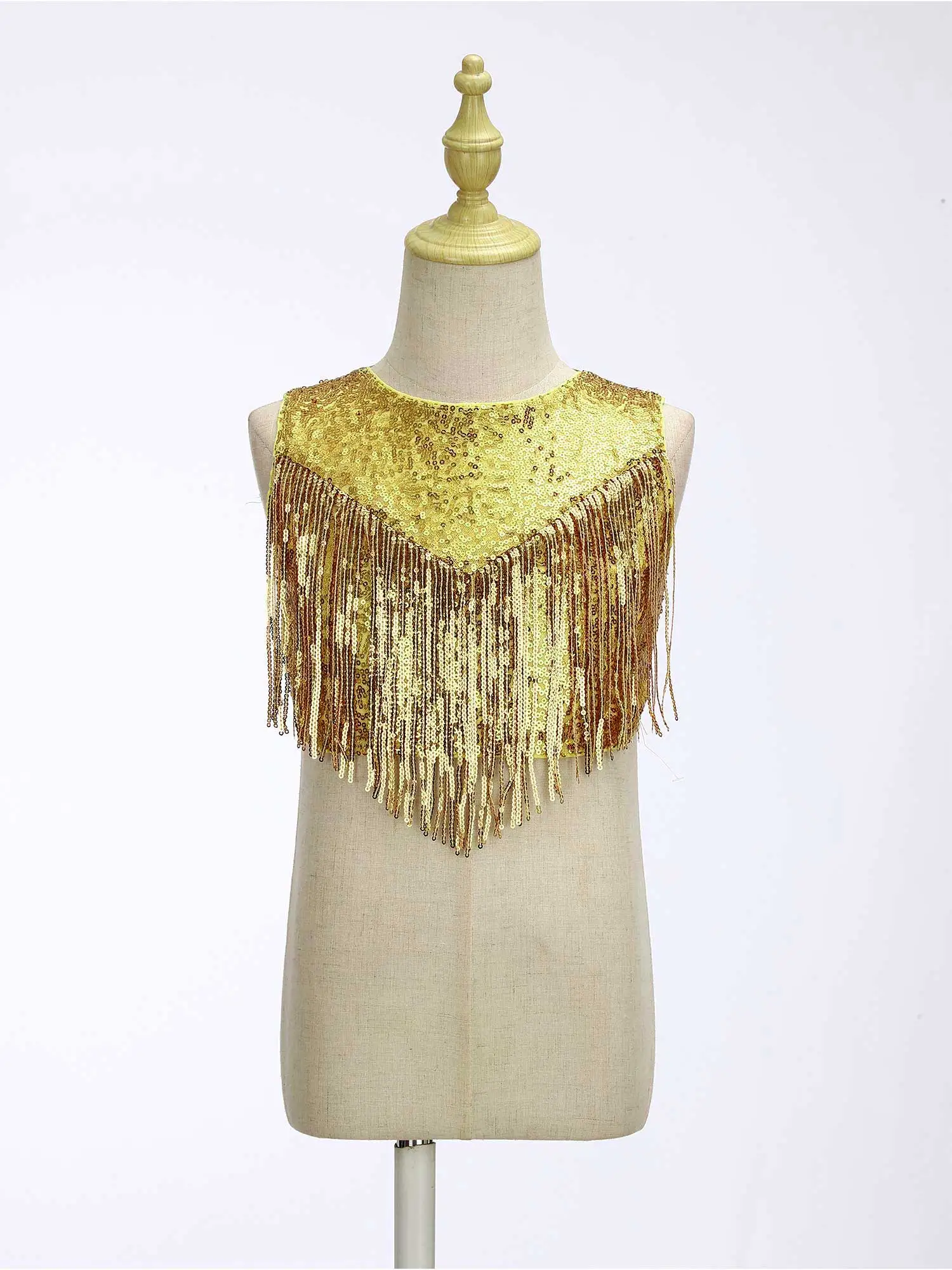 Kids Girls 70s Disco Costumes Latin Tango Dancewar Metallic Shiny Sleeveless Sequins Tassels Cropped Top and Bell-bottom Pants