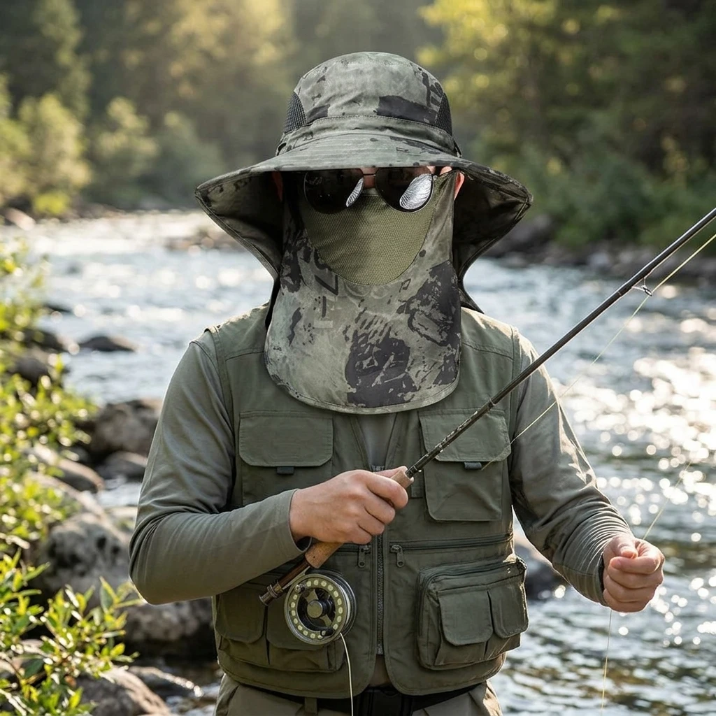 Outdoor Hiking Sun Hat UPF50+ Protection Wide Brim Fishing Cap Waterproof Quick Dry Men's Camouflage Headwear Travel Gear