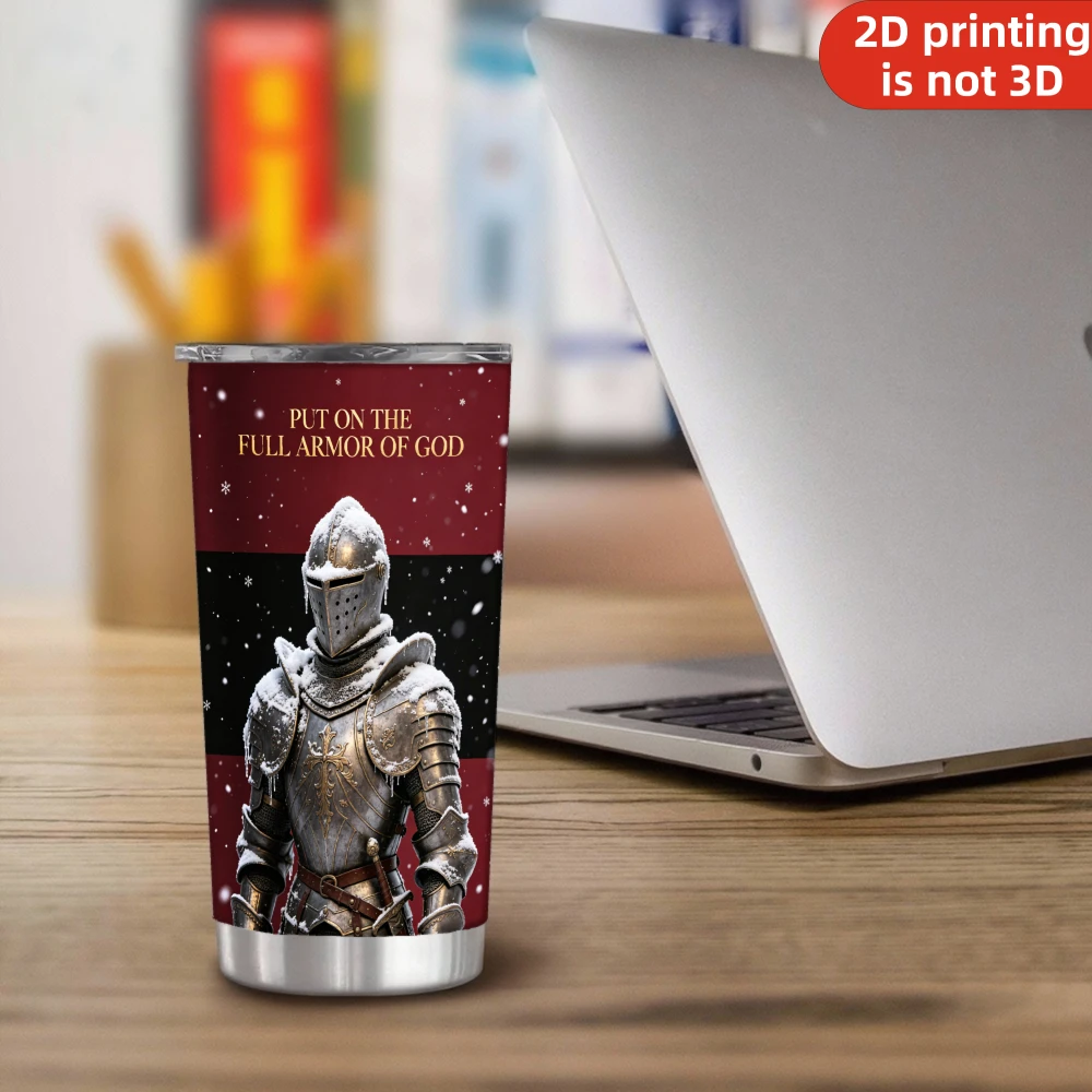 20oz Full Armor of God Stainless Steel Tumbler, Christian Knight in Snow Covered 2D Printed Graphic, Vacuum Insulated Travel Coffee Mug with Lid, Religious Faith Gifts for Men & Women