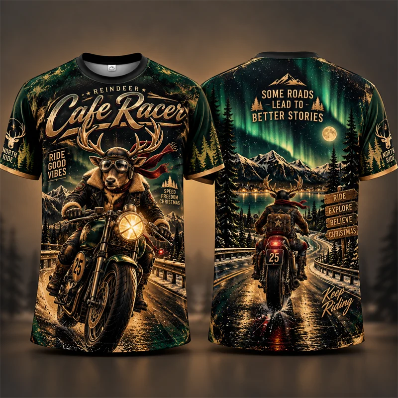 Christmas Reindeer Cafe Racer T Shirt Men Motorcycle Biker Graphic Short Sleeve Xmas Holiday Streetwear Casual Fashion Gift Top