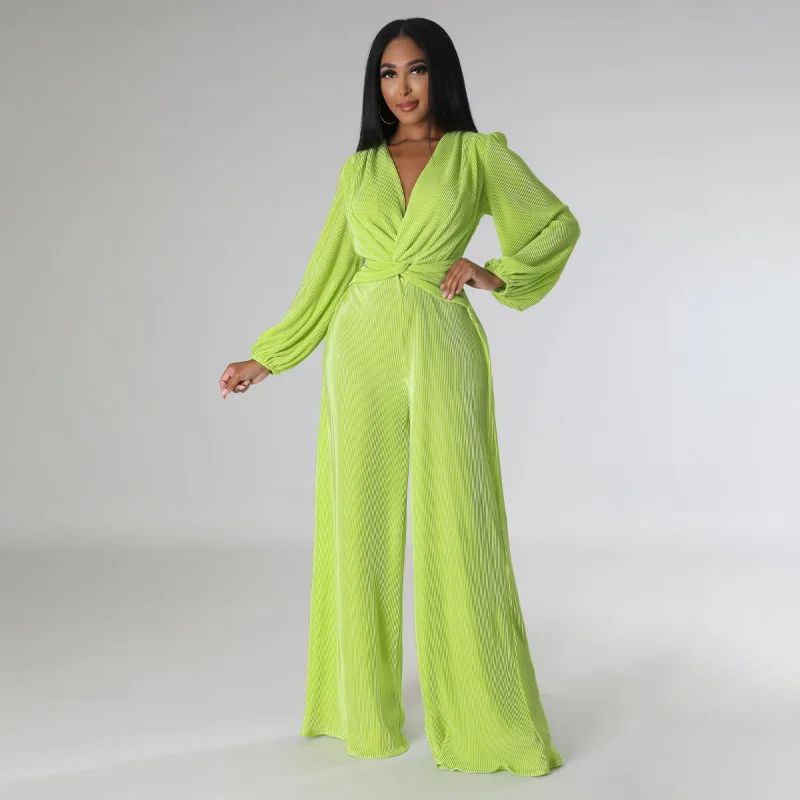 

Solid Loose Pleated Jumpsuits Women Sexy Twist V Neck Full Lantern Sleeve Wide Leg Pants Elegant Romper 2023 Autumn Overalls