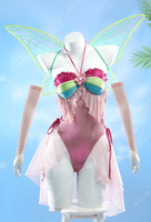 haikyuu Women Fairy One Piece Swimsuit Pink Hollow Halter Bathing Suit with Sleeves Anime Cosplay Rave Outfit