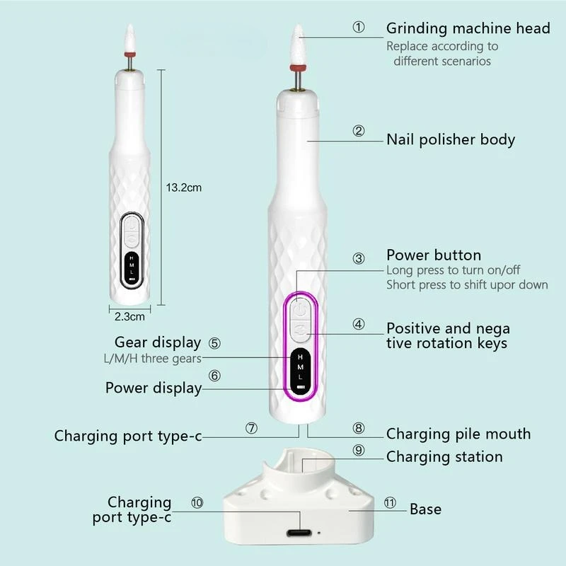 ชุดเครื่องเจียรเล็บไฟฟ้าแบบชาร์จได้ 15000 รอบต่อนาที พร้อมแท่นชาร์จ หัวเจียร 11 แบบ สำหรับเล็บโพลีเจล เจลคริสตัล และอะคริลิค
