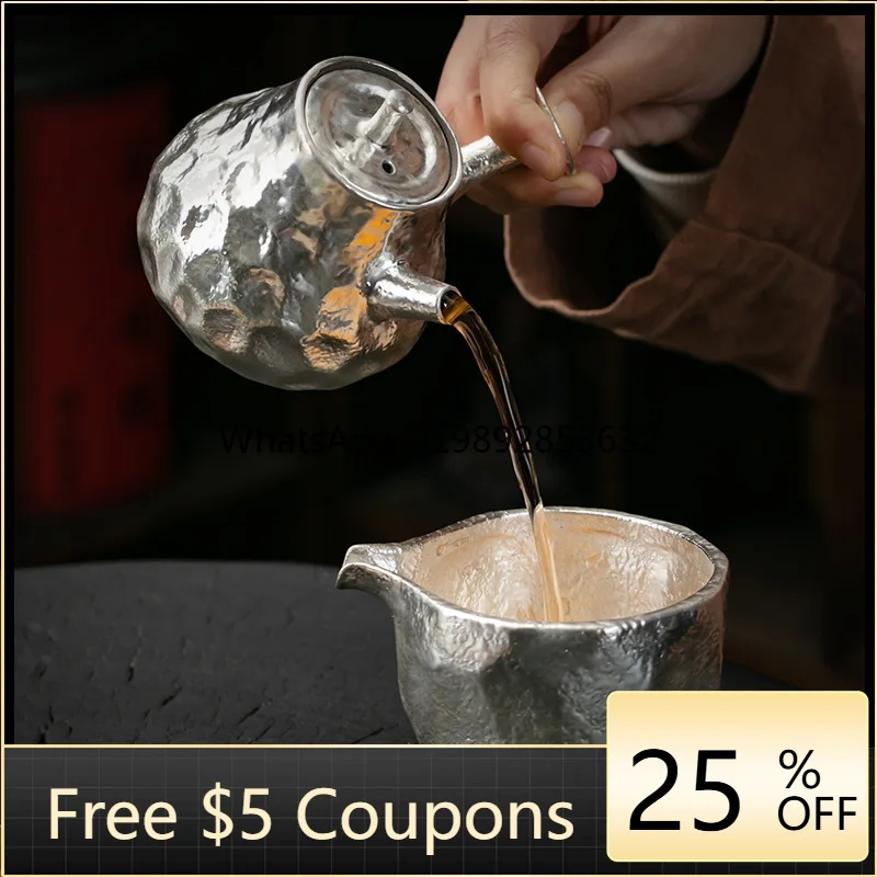 

ZC High-End Silver Teapot Silver Cup Gilt Silver Travel Tea Set Household Hammered Cup Gift