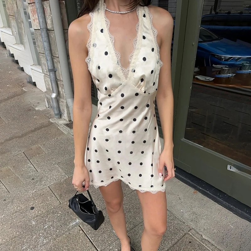 Tornova Polka Dot Lace Halter Dress For Women Elegant High Waist Sleeveless Mini Dress Lace Up Sexy Backless Satin Dress Female