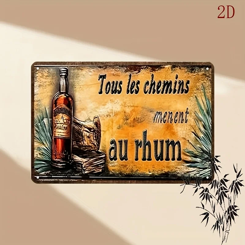 Plaque murale vintage en métal - Phrase française « Tous les chemins mènent au Rhum » & Art Rhum Agricole - Panneau rustique en fer pour Bar, Salon