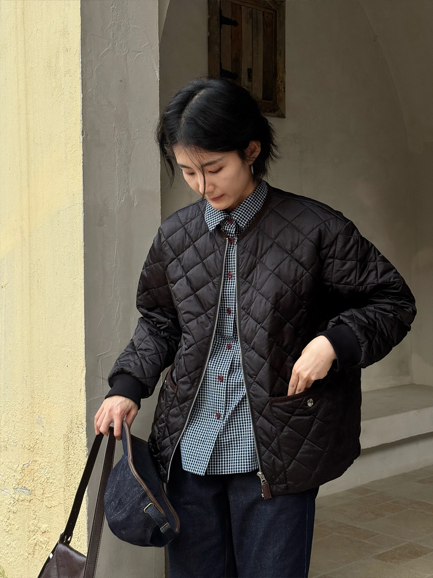 

Warm Cotton Jaet Women's Bla Diamond Pattern Quilted Coat Spring Design Sensation Small Fraance Sle Outerwear