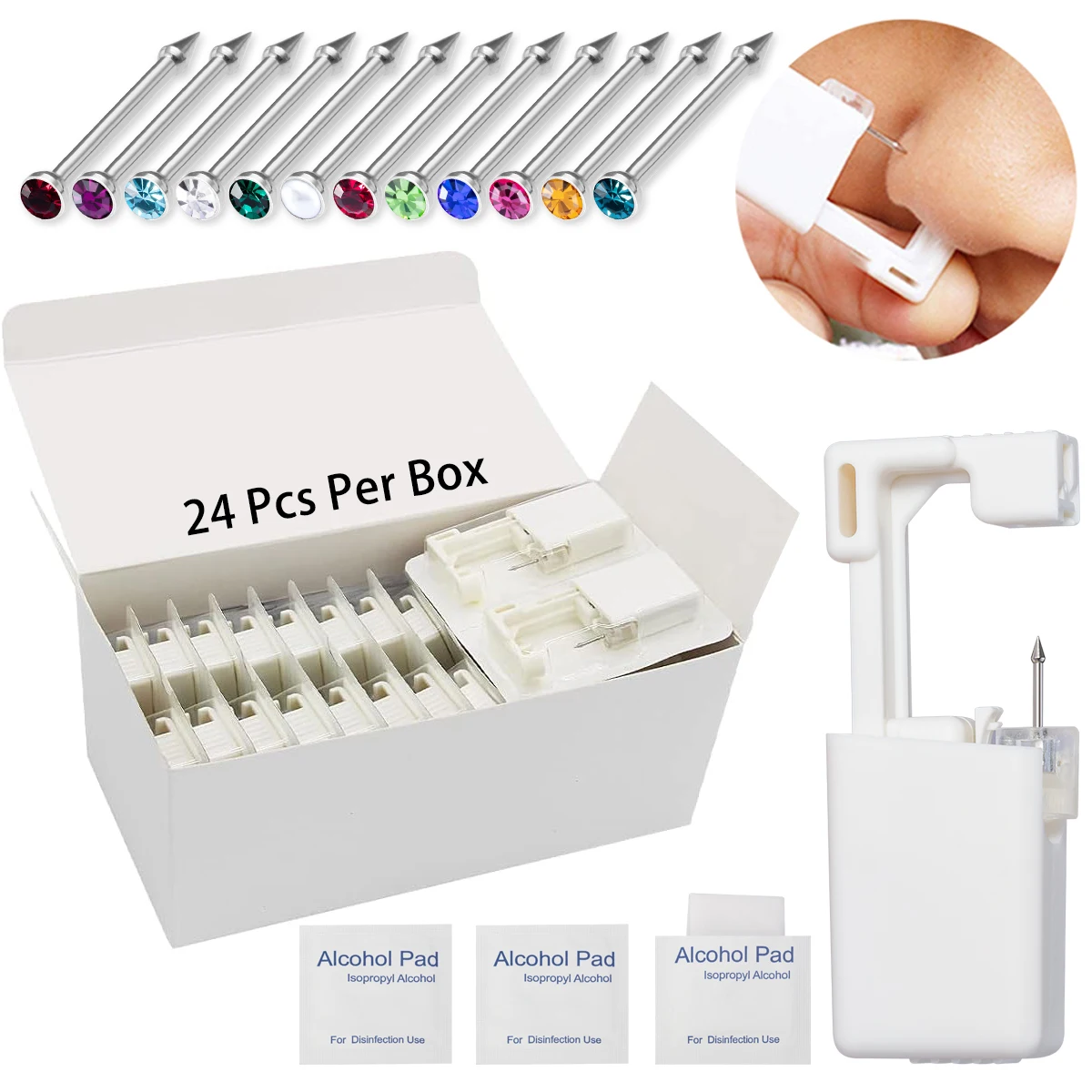 24Pcs/Box Disposable Nose Piercing Gun Self‑Piercing Tool 20G Surgical Steel with Birthstone Safe Nose Piercing Kit For Home Use