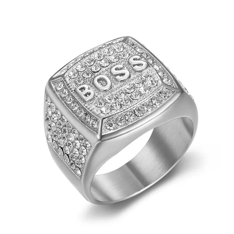 Hip Hop Bling Iced Out Ring para homens, anéis de dedo BOSS de aço inoxidável, jóias Rapper, cor prata dourada, transporte da gota