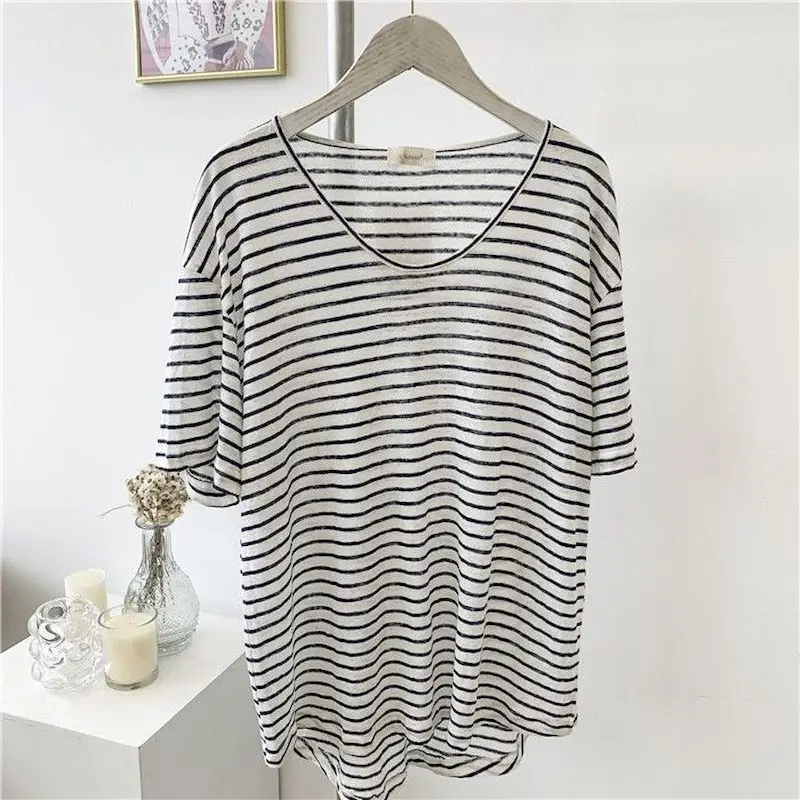 

Полосатые футболки большого размера, женские летние новые свободные тонкие футболки с v-образным вырезом и большим разрезом, с короткими рукавами, нижняя рубашка, женская одежда